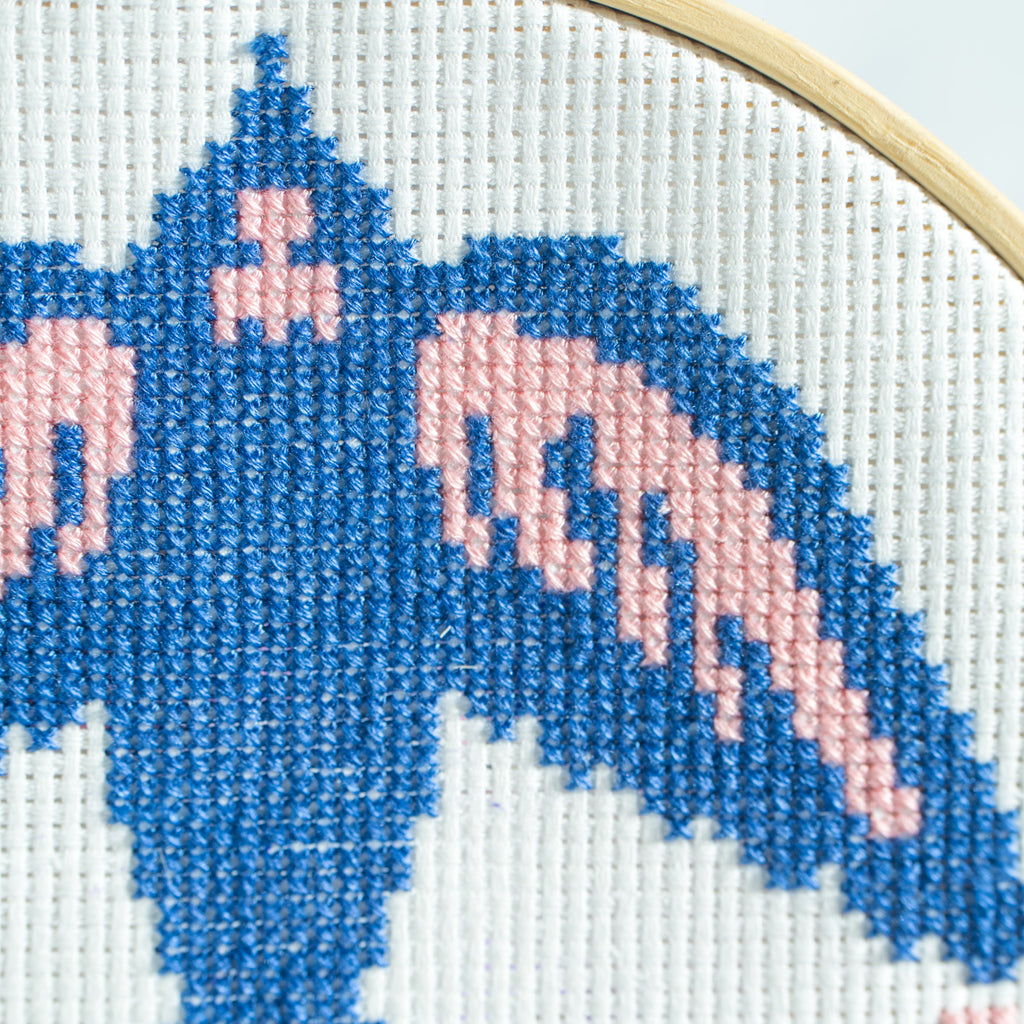 Close up of stitching on cross stitch piece