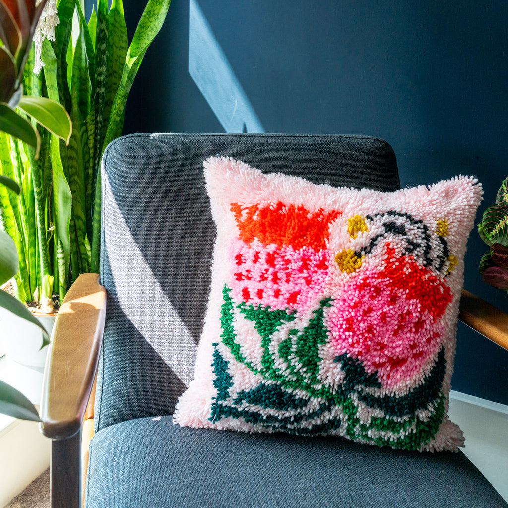 sugarbush cushion with blue background 