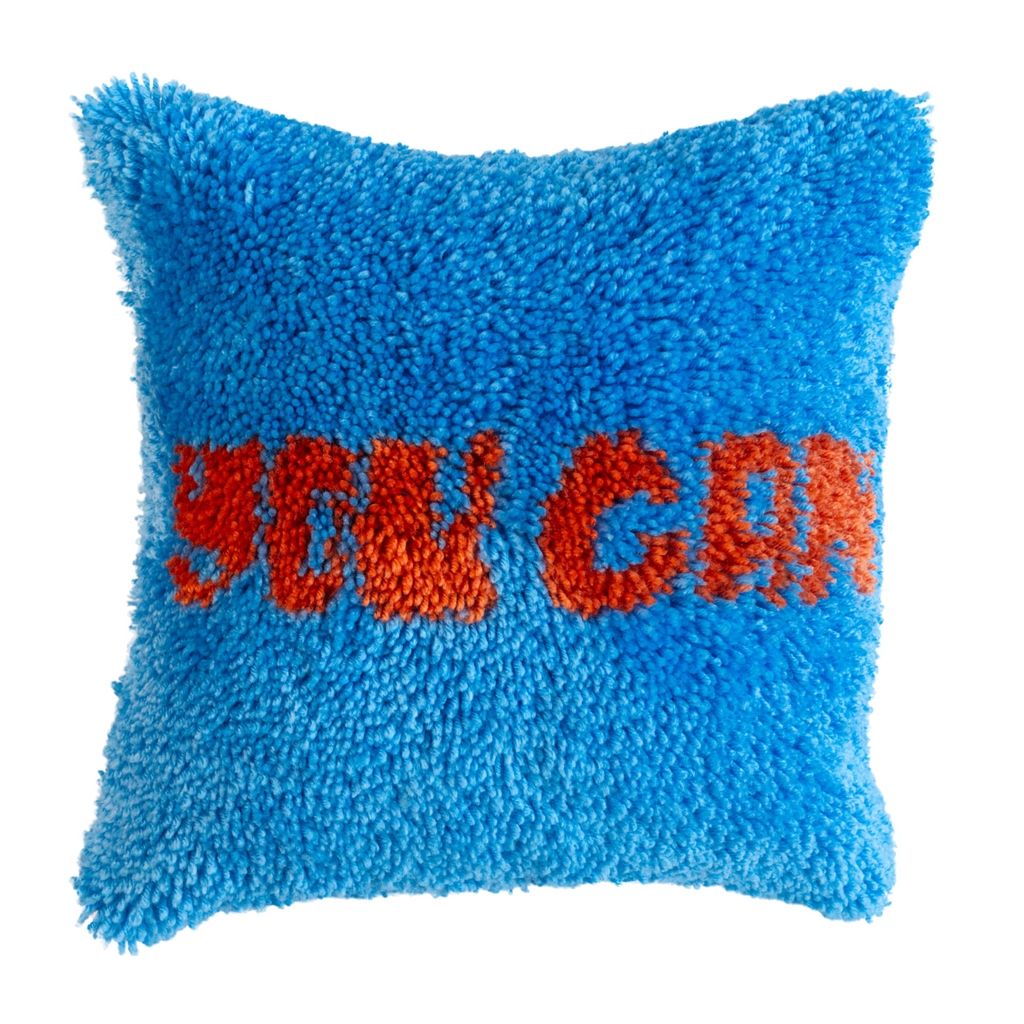 slogan latch hook cushion with words saying you can 